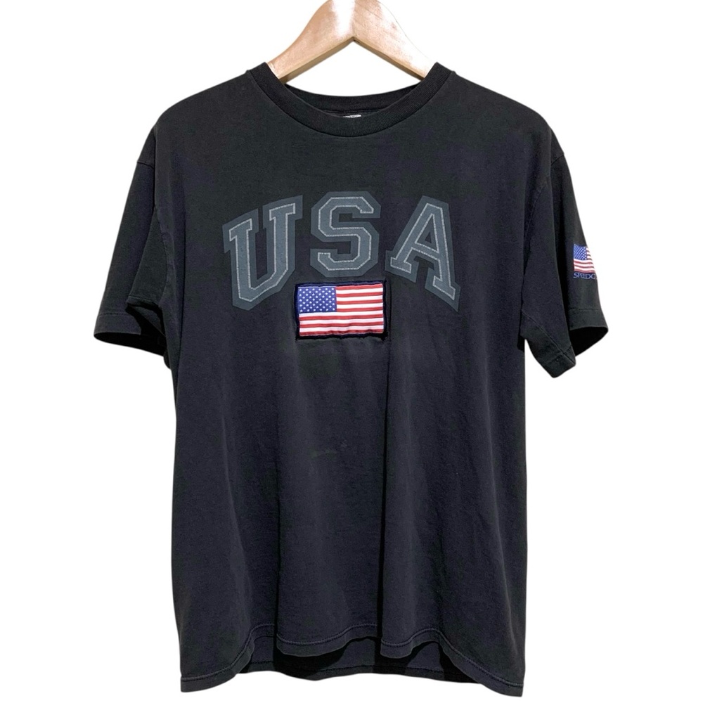 Vintage Speedo Black USA Flag Graphic Men's T-Shirt Size Large Patriotic Cotton